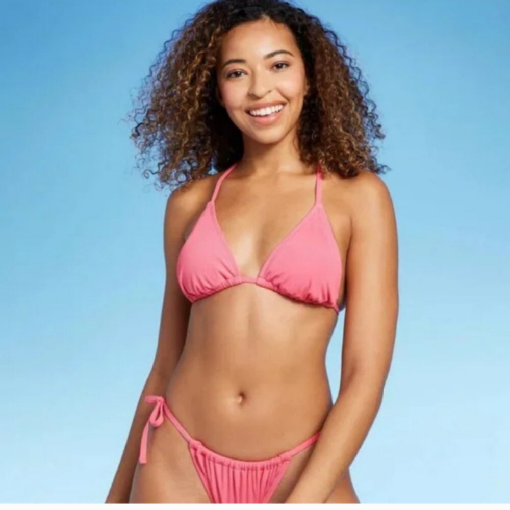 Bikini Set-Vibrant pink Triangle Ribbed Bikini Top + Side Tie Low Rise Bottoms.